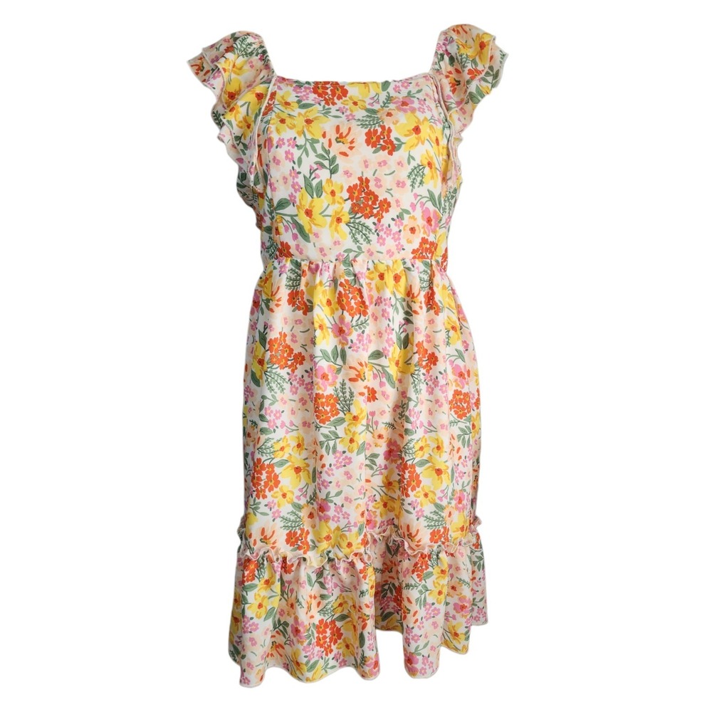Shein Dress Womens Plus Size 1XL Yellow Orange Floral Ruffle Smocked Boho Flirty